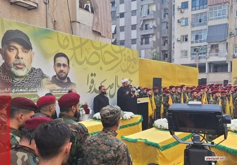 الضاحية الجنوبية لبيروت تودّع القائد الطبطبائي ورفاقه..الشيخ دعموش: دماء الشهداء تزيد المقاومة ثباتًا